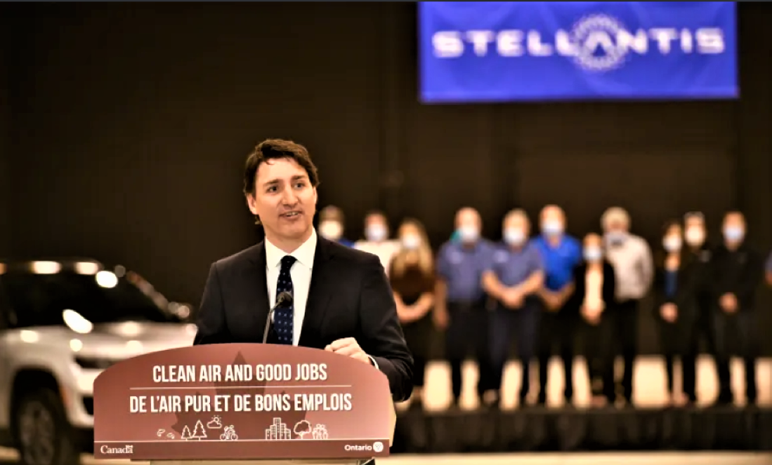 Justin Trudeau at Stellantis announcement 5-2-22 screenshot.png