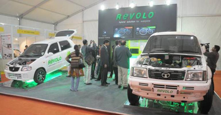 Car and truck outfitted with Revolo hybrid system on display at Auto Expo in New Delhi