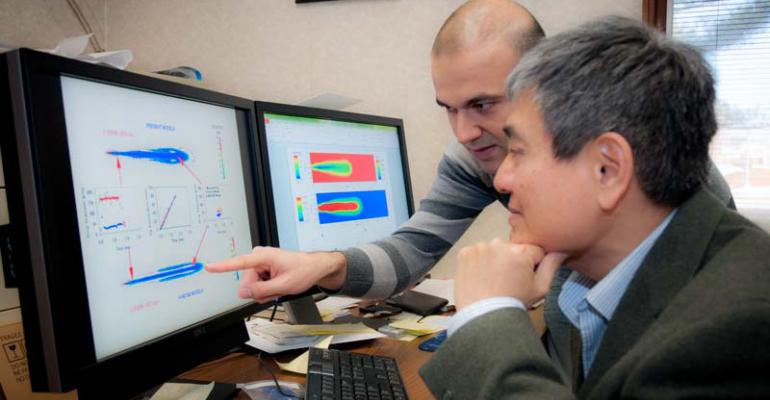 AlabamaHuntsville doctoral candidate Omid Samimi and chemical engineering chair CP Chen discuss computer simulation of evaporating fuel sprays