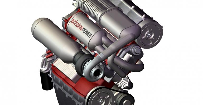 Supercharged Achates 2stroke features two horizontally opposed pistons per cylinder and two crankshafts