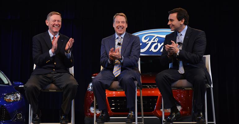 Ford CEO Alan Mulally left joins Chairman Bill Ford center and COO Mark Fields in announcing Fieldsrsquo promotion to top job 