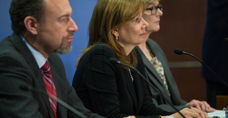 GM President Dan Ammann CEO Mary Barra center and Corporate Secretary Anne Larin take questions listen to comments from shareholders
