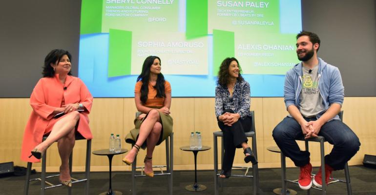 Ford futurist Connelly left with Sophia Amoruso of Nasty Gal entrepreneur Susan Paley and Redditrsquos Alexis Ohanian right in Palo Alto