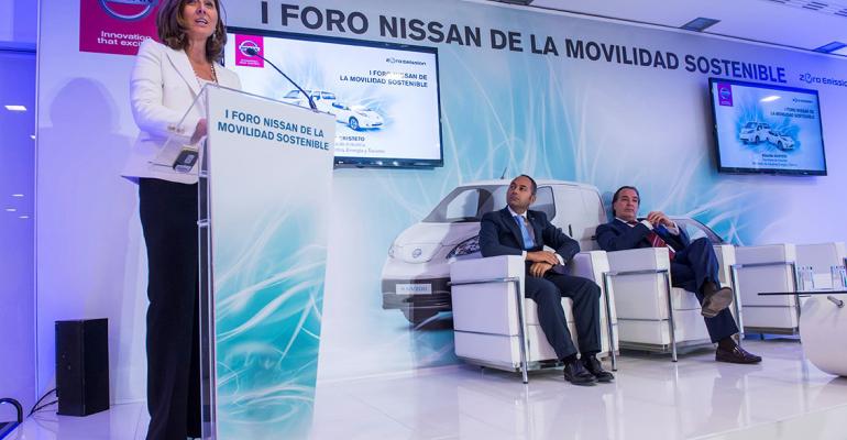 Spanish Industry Minister Cristeto announces EV subsidy program with Nissan Iberia CEO Toro center and Madrid Region Environment Minister Gonzalez right