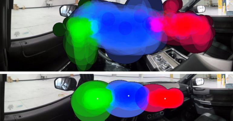 Harman listeners map audio with color upper image shows nontuned result lower indicates clearer sound after tuning