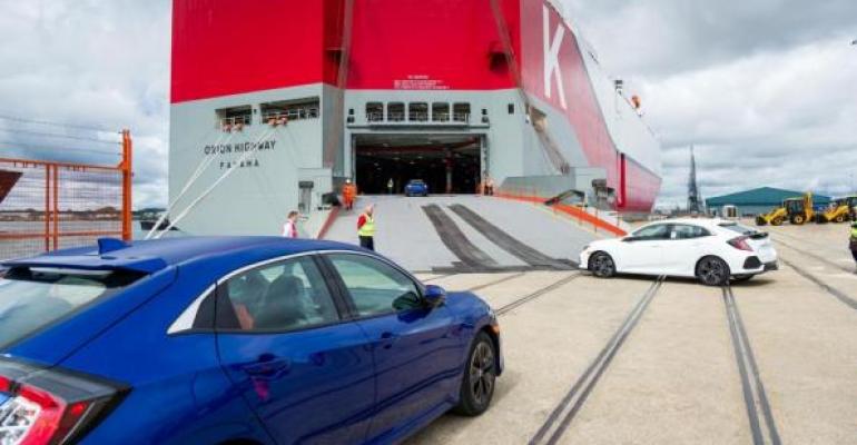 USbound Honda Civic hatchbacks loaded onto cargo ship at Southampton UK  