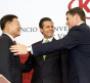 Kia Vice Chairman HyuongKeun Lee left Mexico President Enrique Pena Nieto and Rodrigo Medina de la Cruz governor of the State of Nuevo Leon at signing of deal to build 1 billion plant near Monterrey